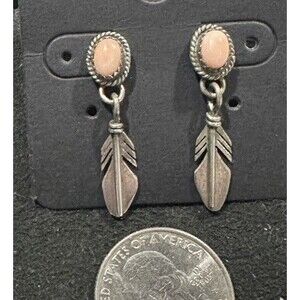 Native American Sterling Silver Spiny Oyster Cabochon Feathers Earrings